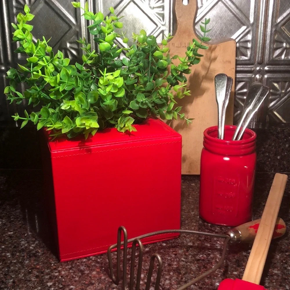 Red Tissue Box Storage Faux Leather Lined Multi-Use  Kleenex Box NWT